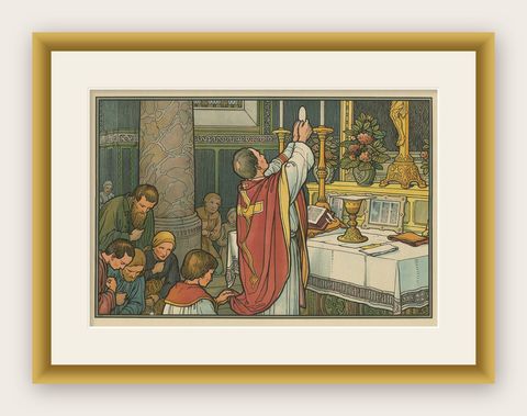 Antique Religion Print of the Seven Sacraments, Eucharist, 1913, shown framed