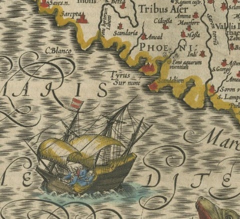 Holy Land Map, Terra Sancta Palestina, Hondius, Hand-Colored Engraving c.1620, close-up 6