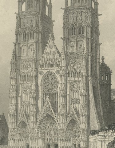 St. Gatien Cathedral, Tours, Antique Steel Engraving after T. Allom, circa 1845, close-up 3