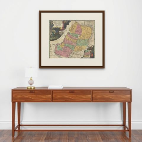 Hand-Colored Map of the Holy Land Divided Among the Twelve Tribes, c.1720, shown framed on a wall, true to size