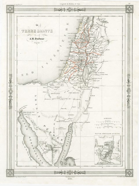 Holy Land Map, Jerusalem & Sinai, Dufour Biblical Map, Paris 1846