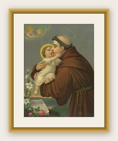 St. Anthony of Padua, c.1905 German Devotional Chromolithograph with Christ, shown framed