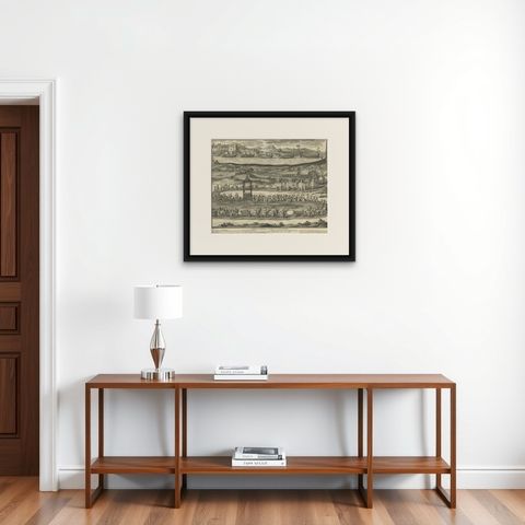 Antique Print of a Funeral Procession of the Kings of Vietnam or Tonkin, 1725, shown framed on a wall, true to size