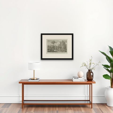 Celebration and Ritual: Engraving of Mexican Festivities in the Age of Discovery, shown framed on a wall, true to size