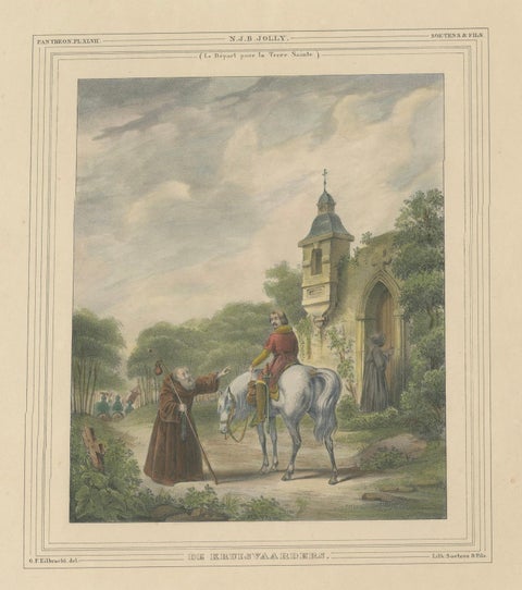 1835 Hand-Colored Lithograph: The Crusaders’ Departure for the Holy Land, close-up 4