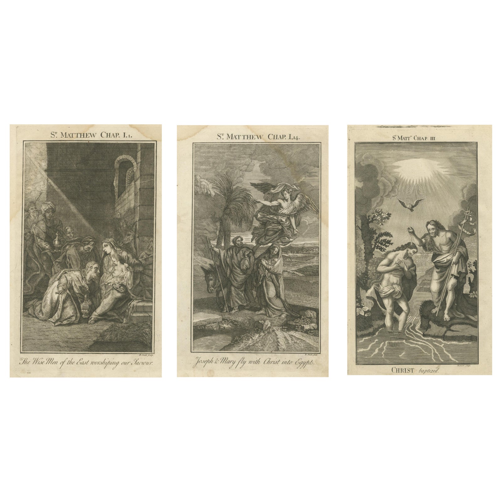 Set of Biblical Engravings, Adoration, Flight to Egypt & Christ’s Baptism, 1735