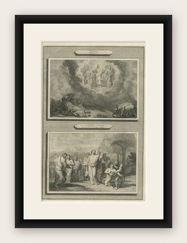 Biblical Engravings, Christ Transfiguration & Healing of the Possessed, ca.1700, shown framed