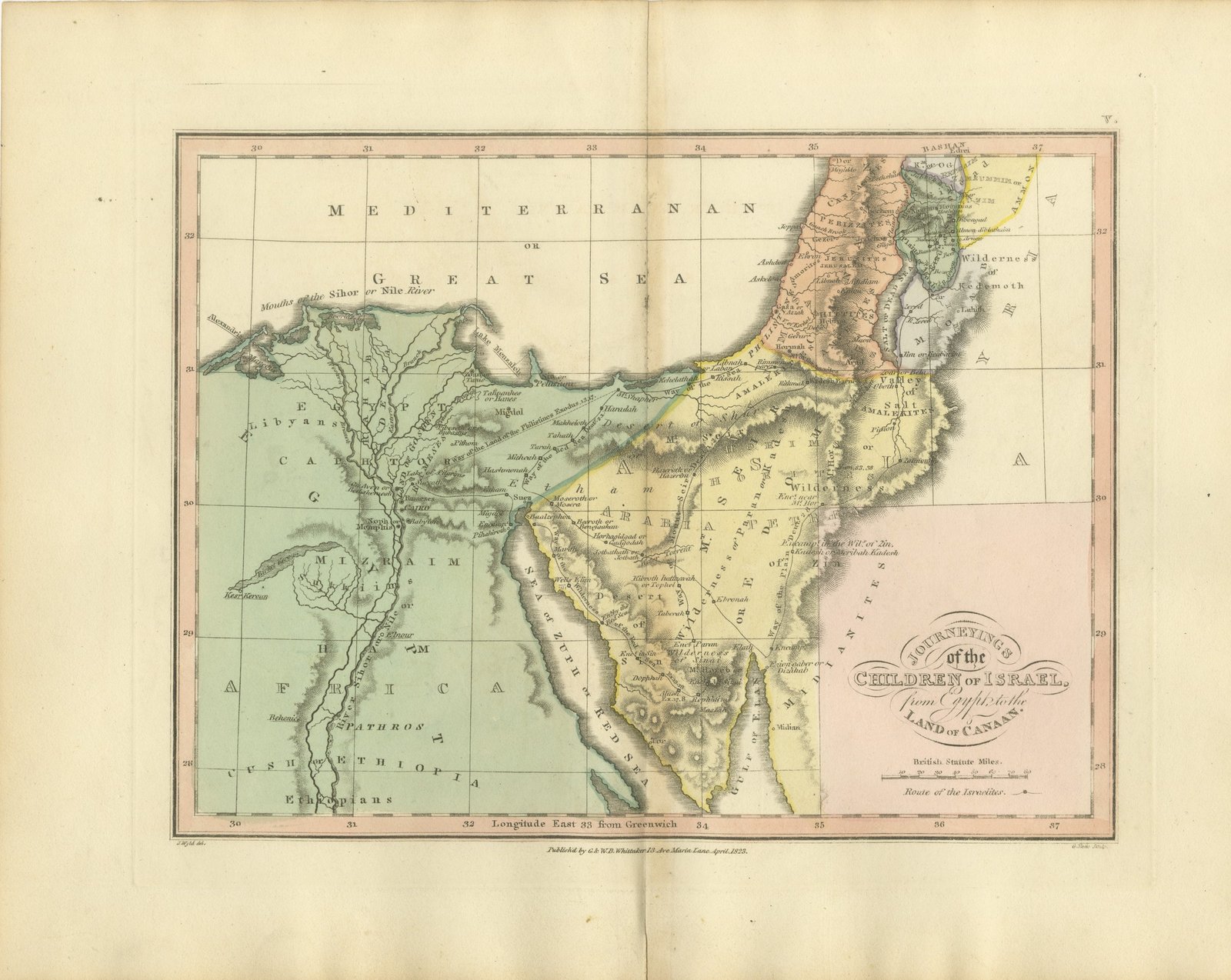 The Exodus Route from Egypt to Canaan, Antique Wyld Map, 1823