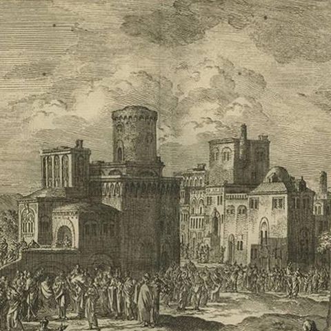Antique Bible Print Peter's Sermon at Pentecost by J. Luyken, 1743, close-up 1
