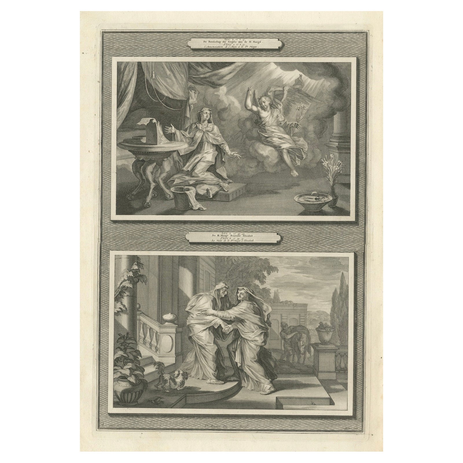 Antique Christian Art Print, Annunciation of Mary & Visitation, Mortier 1700