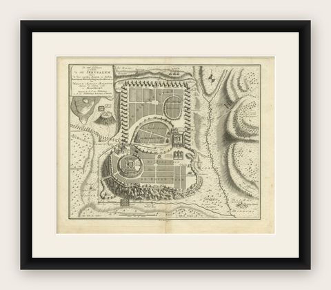 Bird's-Eye Plan of Jerusalem in Israël, a Rare Original Engraving, 1750, shown framed