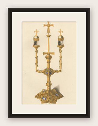 Medieval Reliquary, Gothic Church Treasure, Hand-Colored Engraving, ca.1850, shown framed