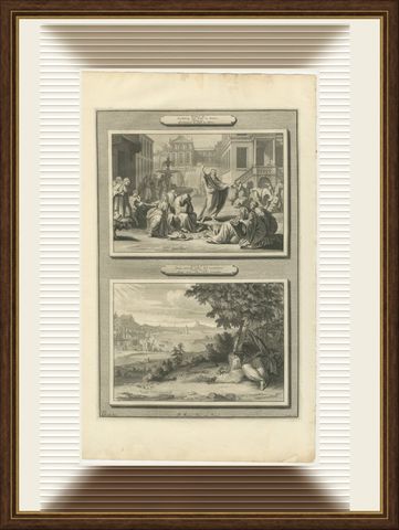 Jonah Preaches at Nineveh and Jonah Under the Gourd, Mortier Bible circa 1700, shown framed