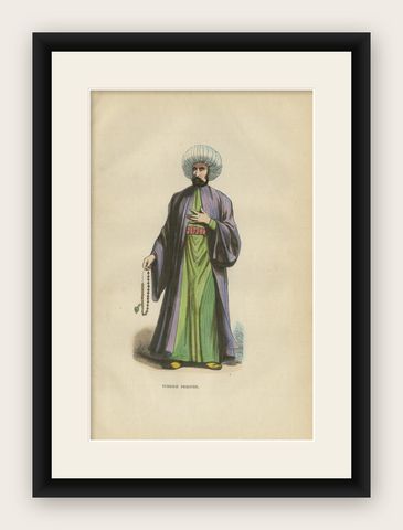 Turkish Religious Scholar, Antique Ottoman Costume Lithograph, c.1852, shown framed