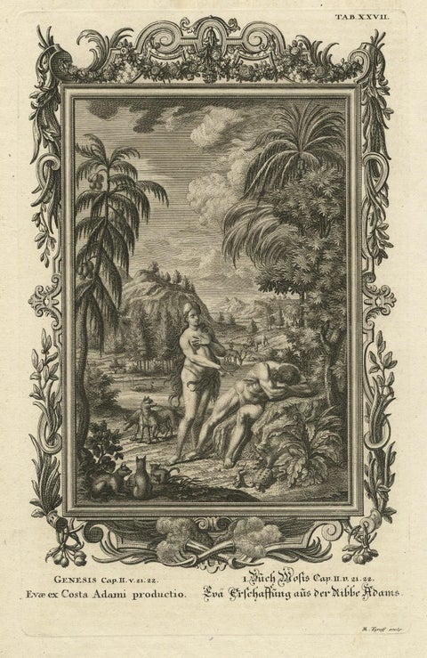 Old Scene from Genesis in the Old Testament; Eve is made from Adam's Rib, 1731, close-up 1