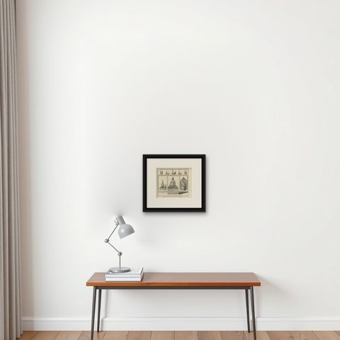 Antique Print of Statues of Buddha and Siamese Deities by A. van der Laan, 1739, shown framed on a wall, true to size