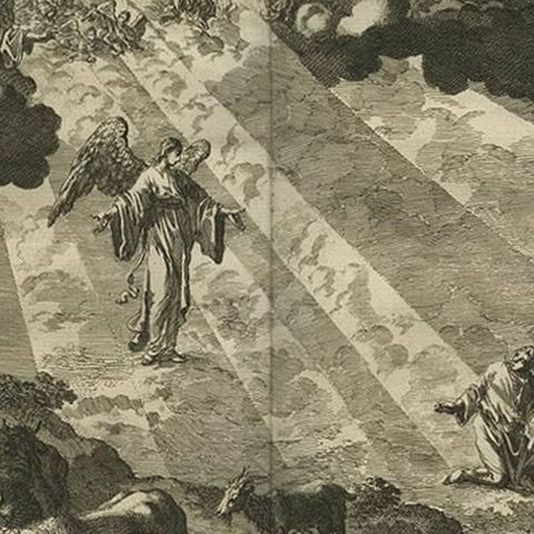 Antique Bible Print Angels Announce Birth of Jesus by J. Luyken, 1743, close-up 2