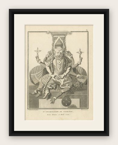 Striking 1806 Narasimha Vishnu Lion-Man Avatar Antique Print, Hindu Engraving, shown framed