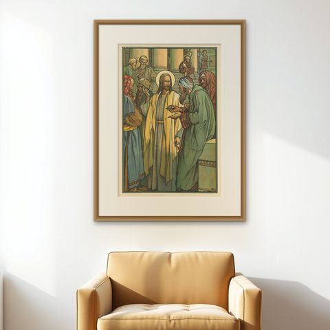 Antique Religion Print of the Tribute Money, '1913', shown framed on a wall, true to size