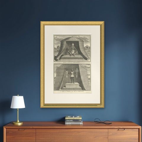 Engraving of Idols of Secotam Village in Virginia 'or now North Carolina', 1721, shown framed on a wall, true to size