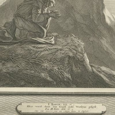 Elijah Prays for Rain and Elijah Fed by an Angel, Pieter Mortier, circa 1700, close-up 2