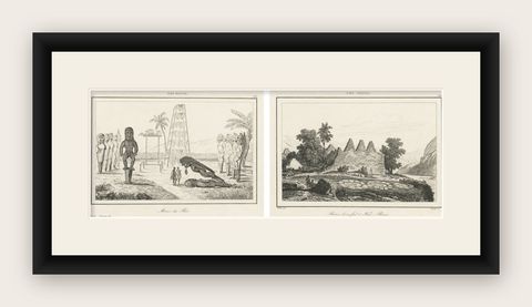 Ancient Hawaiian Temples & Royal Sacred Sites, Pair of Small Engravings, 1836, shown framed