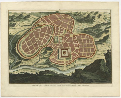 Antique Map of Ancient Jerusalem, depicting The Temple of Solomon, c.1725, close-up 1