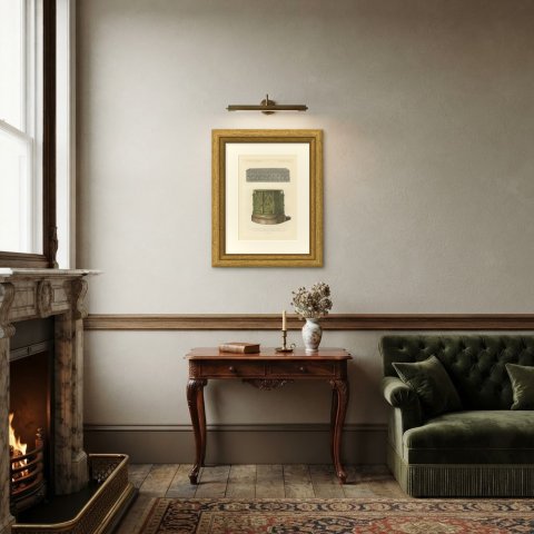 Würzburg Bronze Font and Rouen Lead Lavabo, Antique Print, 1851, shown framed in a room, true to size