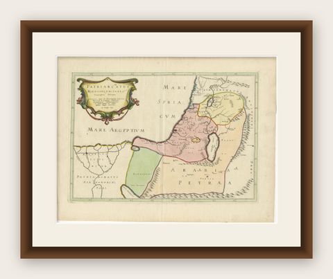 17th-Century Map of the Latin Patriarchate of Jerusalem by Melchior Tavernier, shown framed
