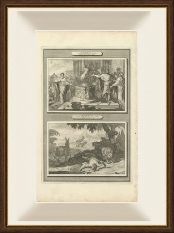 Prophecy at Bethel and the Prophet Slain by a Lion, Pieter Mortier, circa 1700, shown framed