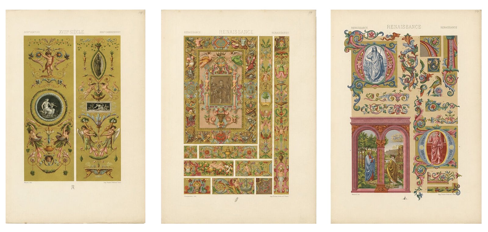Set of Three Renaissance Religious Ornament Chromolithographs by Racinet, 1873