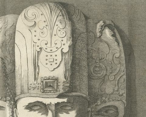 Sculptures of the Elephanta Caves at Stations 1 to 3, Antique Print, 1780, close-up 3