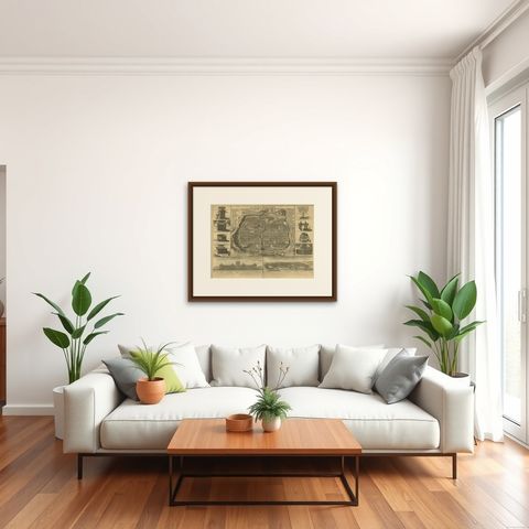 Antique Bible Plan of Ancient Jerusalem, 1743, shown framed in a room, true to size