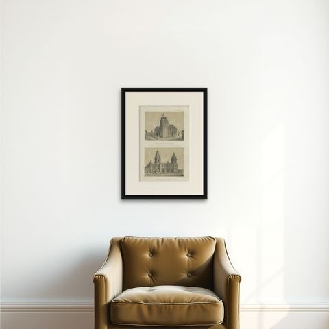 Antique lithograph views of the Cathedral and La Merced Church, Lima, 1865, shown framed on a wall, true to size