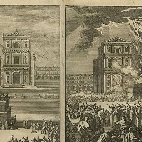 Antique Bible Print Interior of the Temple of Solomon by J. Luyken, 1743, close-up 1