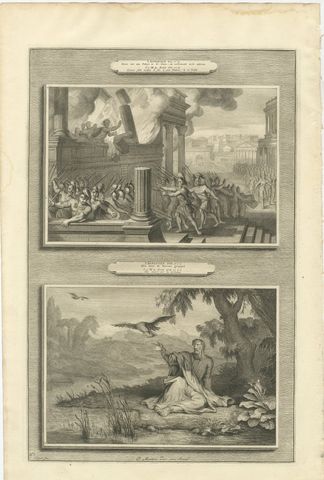 Zimri Burns His Palace and Elijah Fed by the Ravens, Pieter Mortier, circa 1700