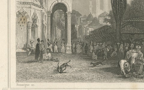Antique Constantinople Street Scene Print, Ottoman Market Mosque View, c.1850, close-up 6