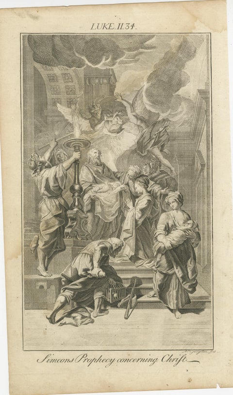 Old Biblical Engravings, Luke: Simon, Simeon’s Prophecy & Circumcision, c.1735, view 3