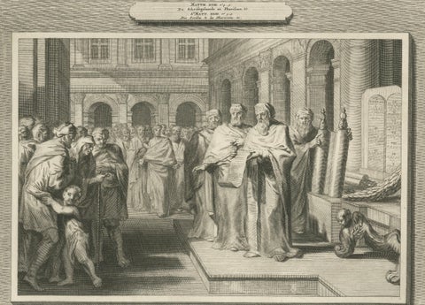 Antique Biblical Engravings, Tribute to Caesar & Reading of the Law, ca.1700, close-up 2