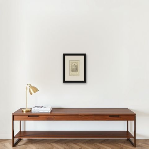Seated Buddha at Gaya, Antique Dutch Print of a Statue in Bengal, ca. 1800, shown framed on a wall, true to size