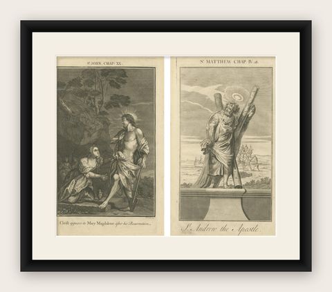 Biblical Engravings, Christ’s Resurrection & St. Andrew the Apostle (1735), shown framed