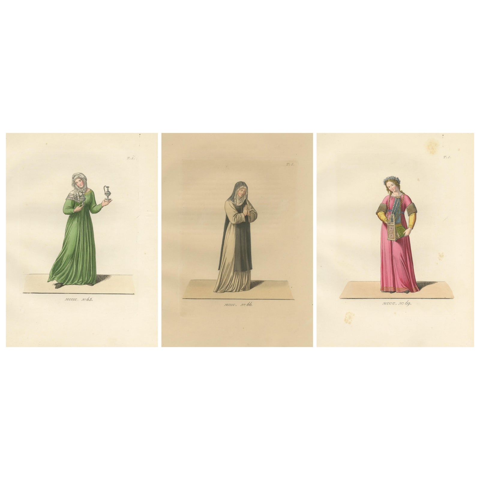 Servant, Dominican Nun and Young Lady in Traditional Italian Dress, 1845 Print