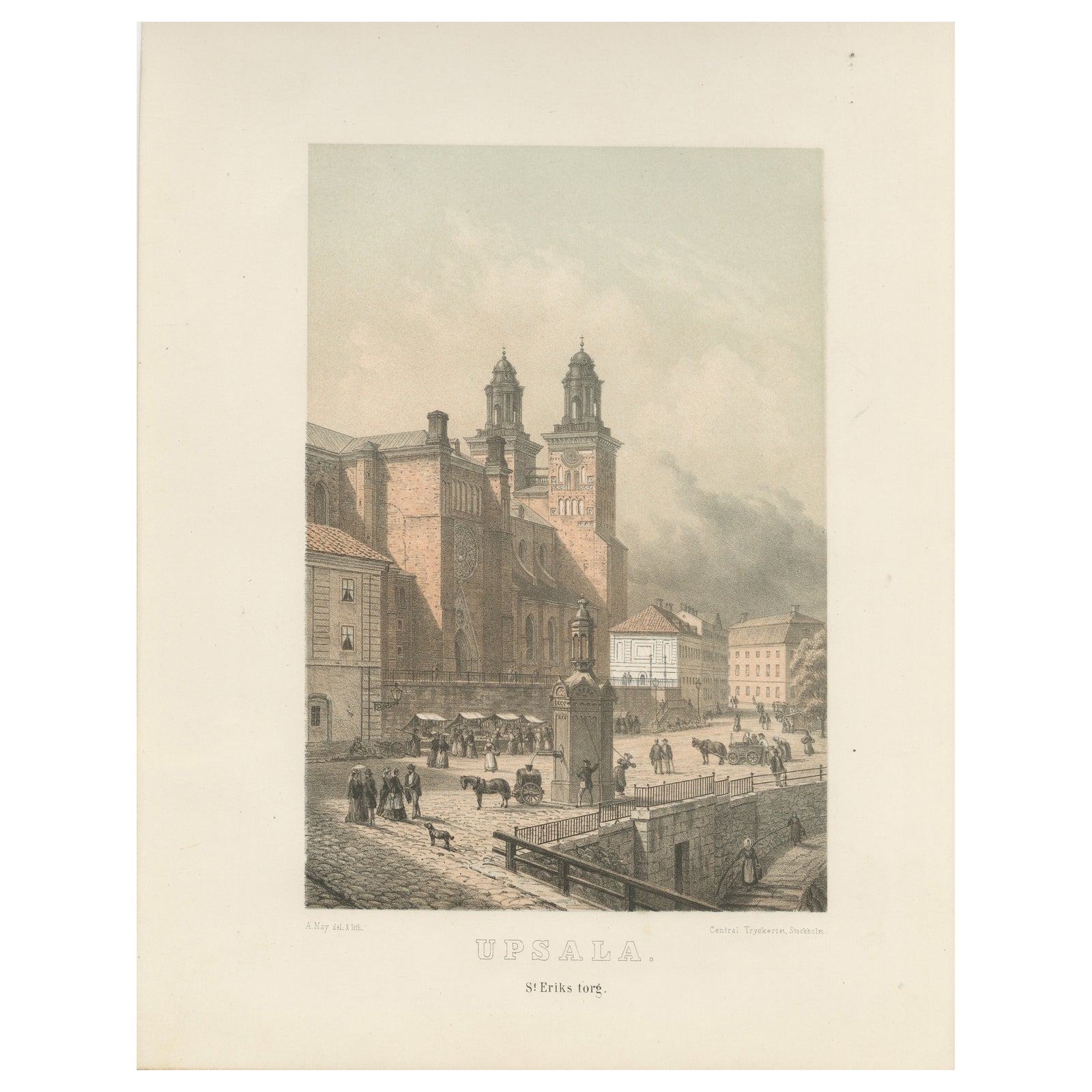 Uppsala St Eriks Torg Cathedral View, Swedish Tinted Lithograph by A. Nay, 1877