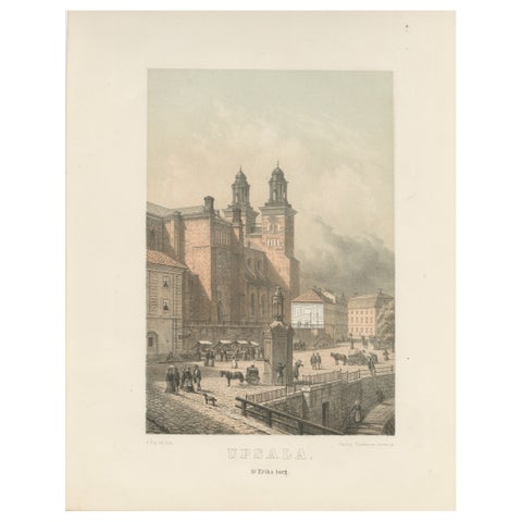 Uppsala St Eriks Torg Cathedral View, Swedish Tinted Lithograph by A. Nay, 1877
