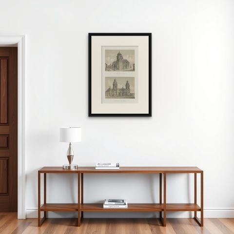 Hand-colored lithograph views of the Cathedral and La Merced Church, Lima, 1865, shown framed on a wall, true to size
