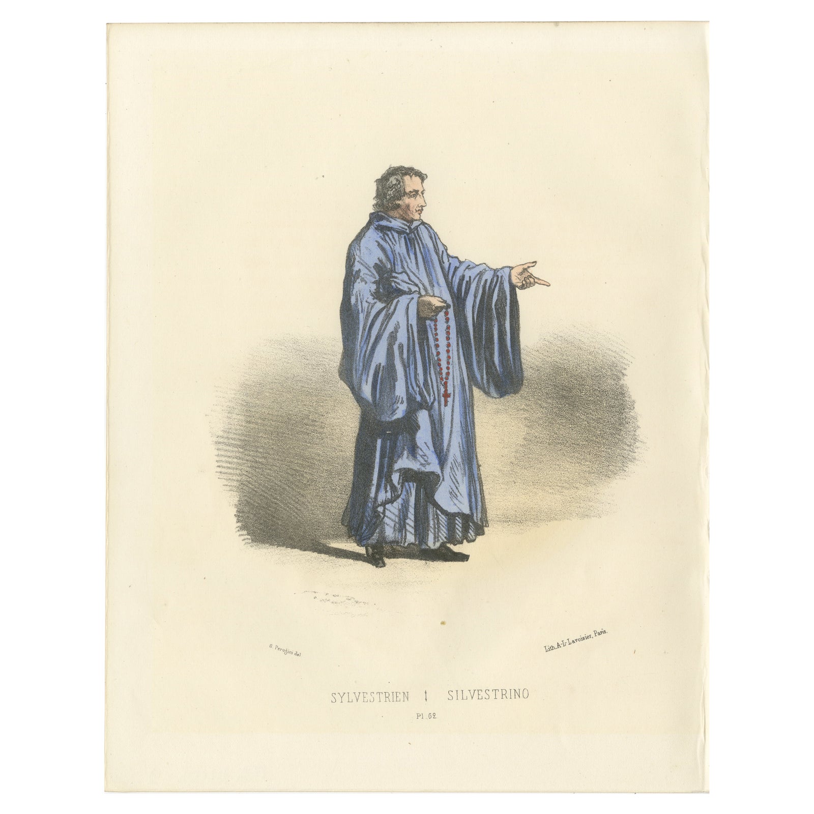 Sylvestrien, 1862 Hand-Colored Lithograph of a Sylvestrine Monk