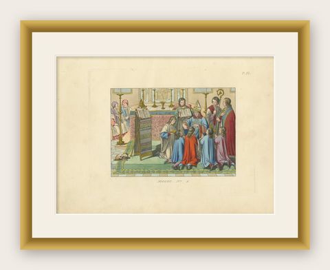 Antique Hand-Colored 1845 Engraving of Medieval Church Ceremony, France, shown framed