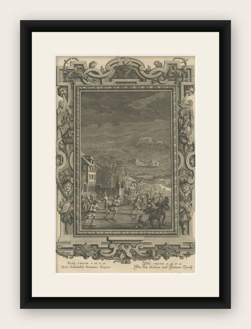 Antique Print Showing an Ice Skating Scene to Illustrate Psalm 147, in Year 1731, shown framed