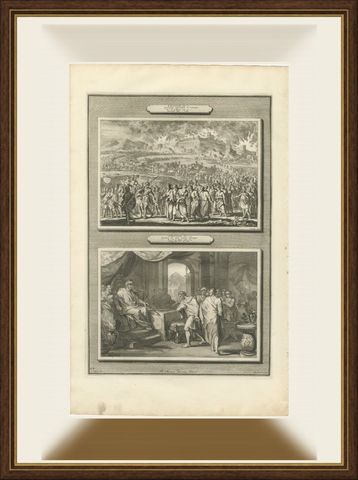 Burning of Jerusalem and the Release of Jehoiachin, Mortier Bible circa 1700, shown framed
