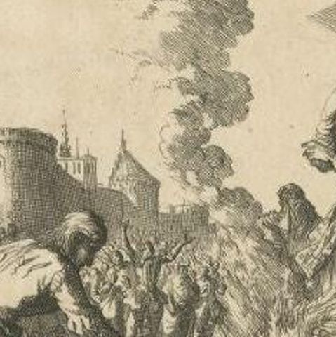 Antique Print of Bellinde De Corzora Burned Alive by Luyken, circa 1698, close-up 2